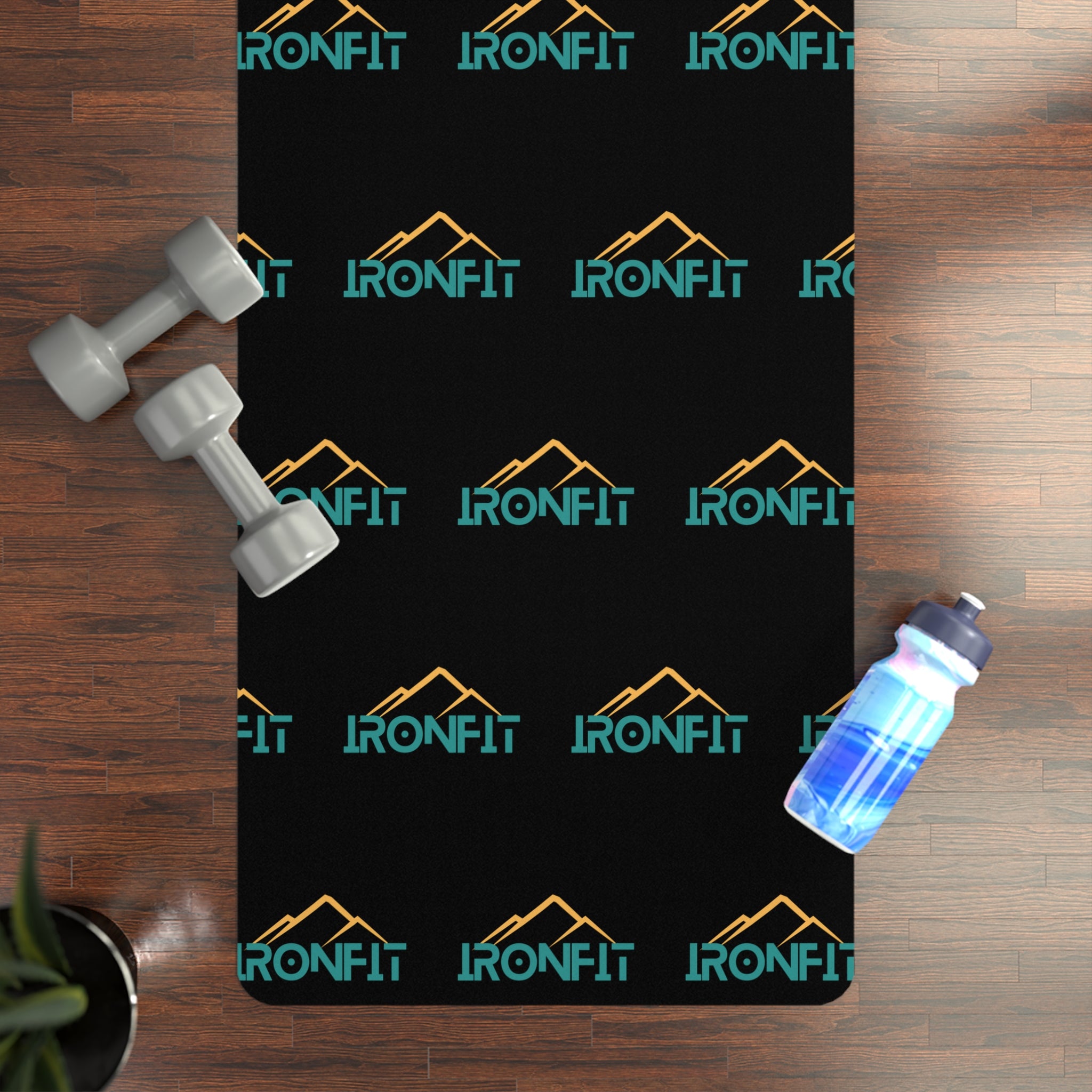 Rubber Yoga Mat — Black 'IronFit' Logo Pattern, Non-Slip Exercise Mat for Home & Studio