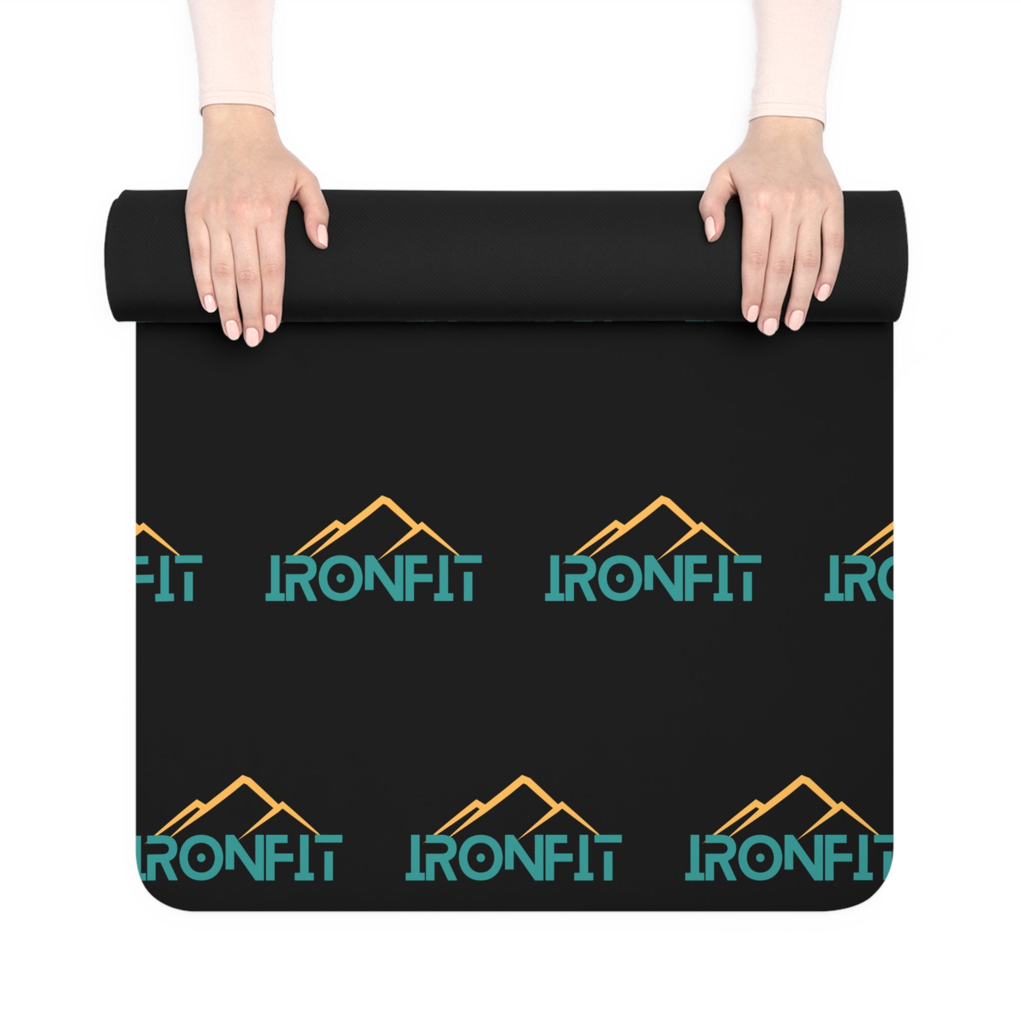 Rubber Yoga Mat — Black 'IronFit' Logo Pattern, Non-Slip Exercise Mat for Home & Studio